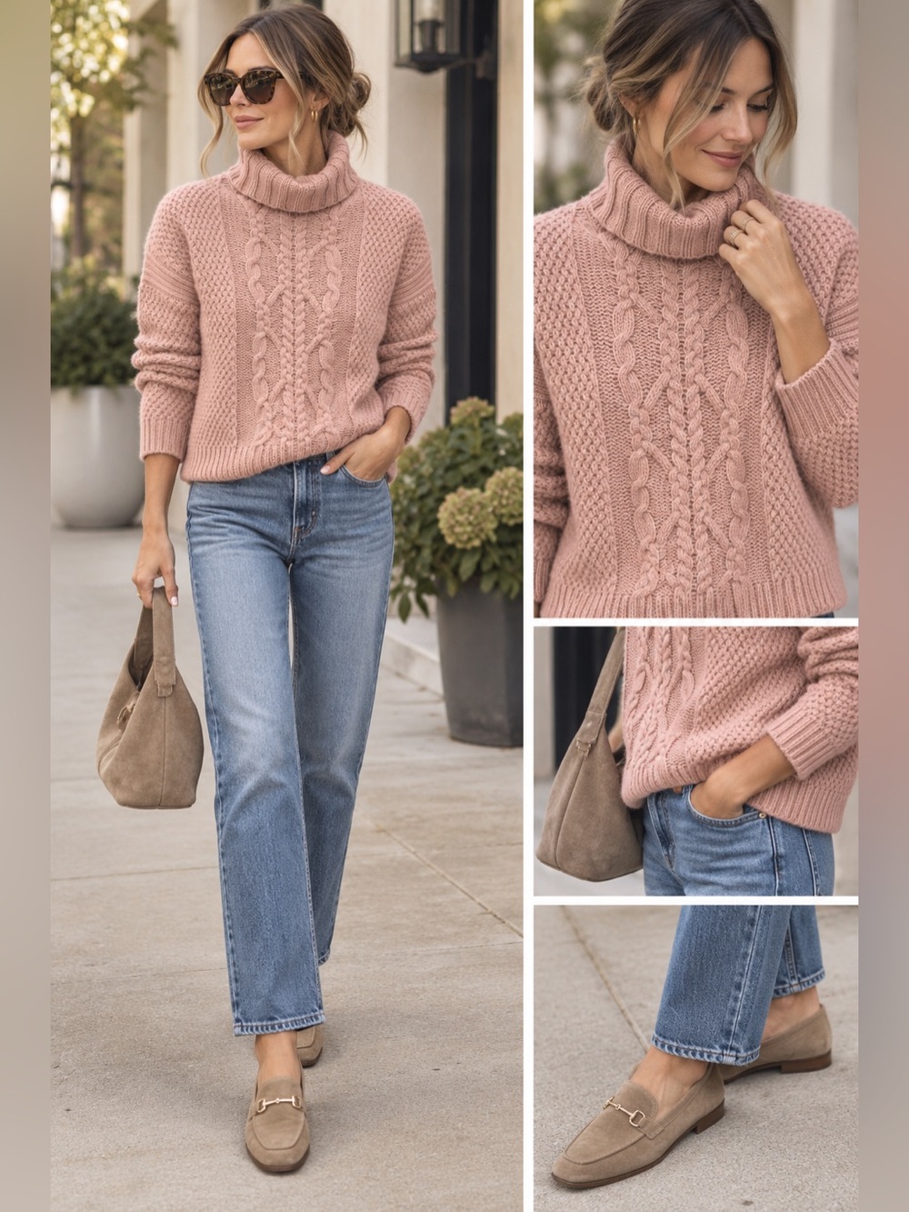 Garnet Hill Blush Cable & Seed-Stitch Turtleneck Sweater